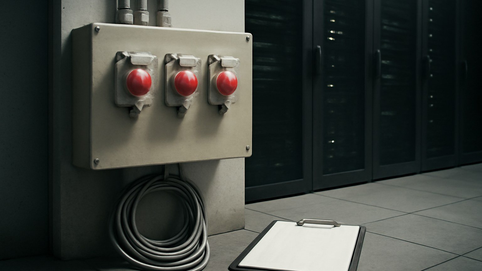A server room control panel with emergency stop buttons and dark racks in the background