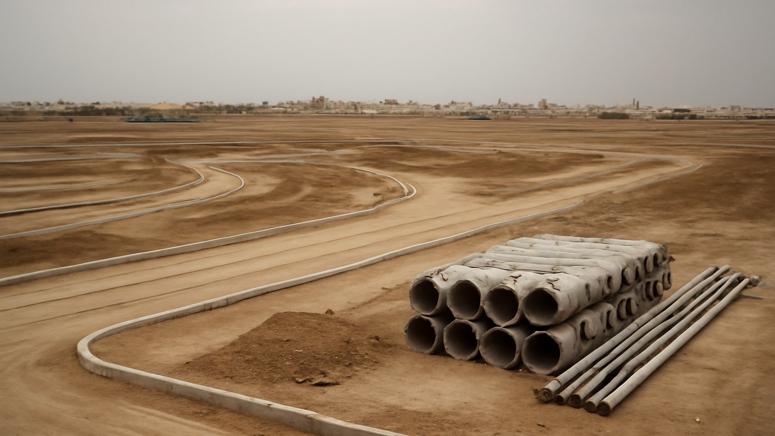 Early infrastructure works at a Saudi mixed-use development site with graded roads and pipes