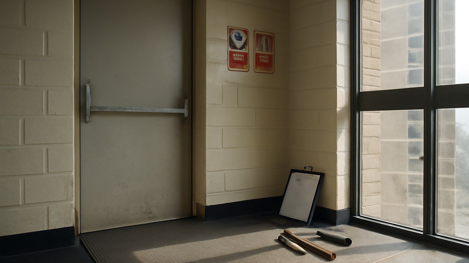 A high-rise residential building entrance with fire safety signage, inspection clipboard and maintenance tools