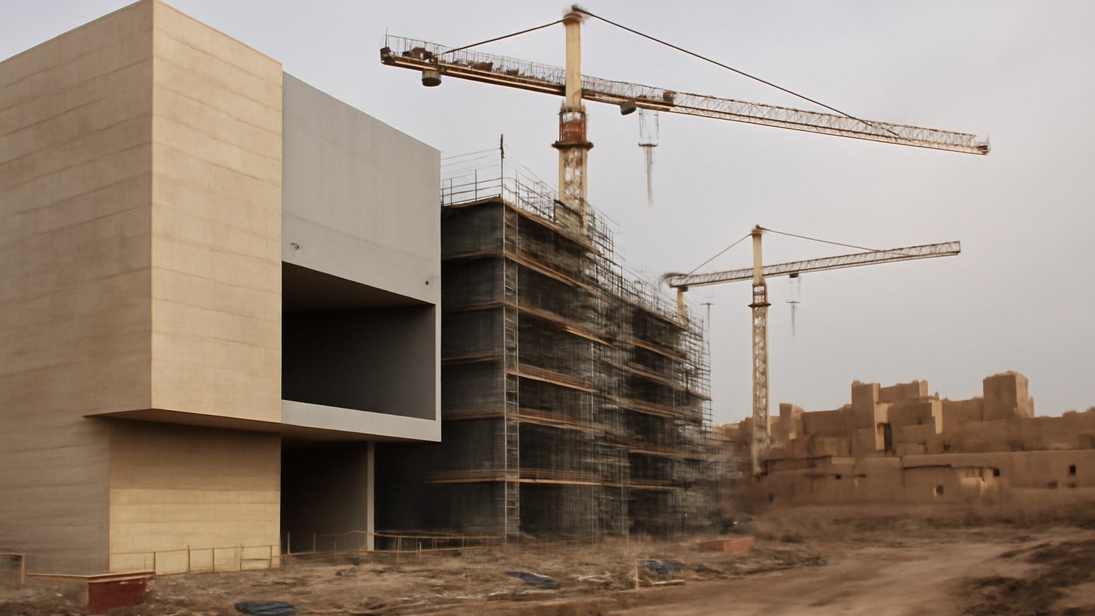 A contemporary museum under construction near historic Saudi architecture at dusk