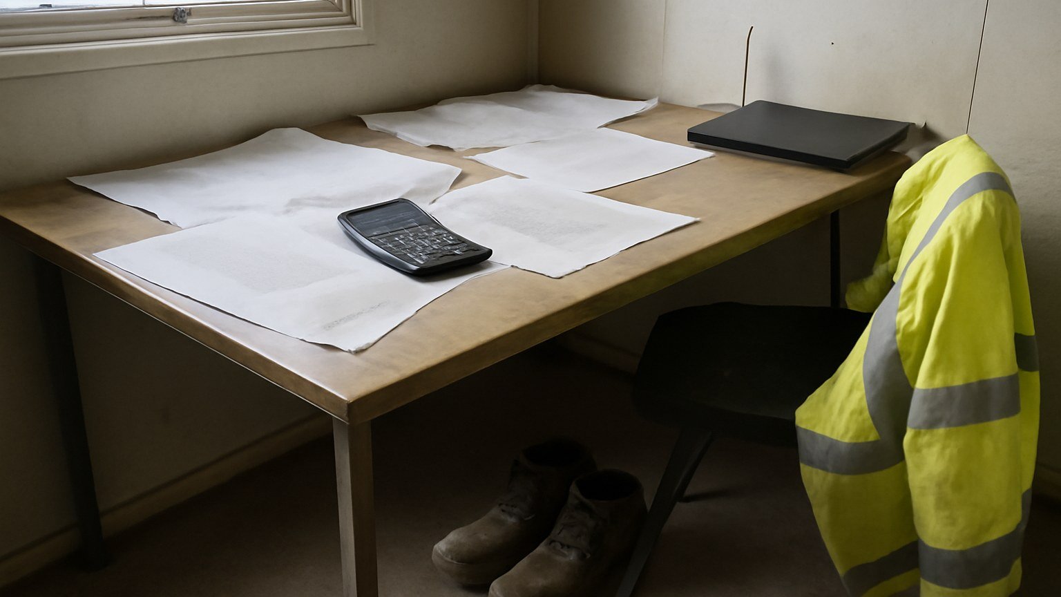 A UK contractor site office with financial papers, marked drawings, calculator and high visibility jacket on a chair