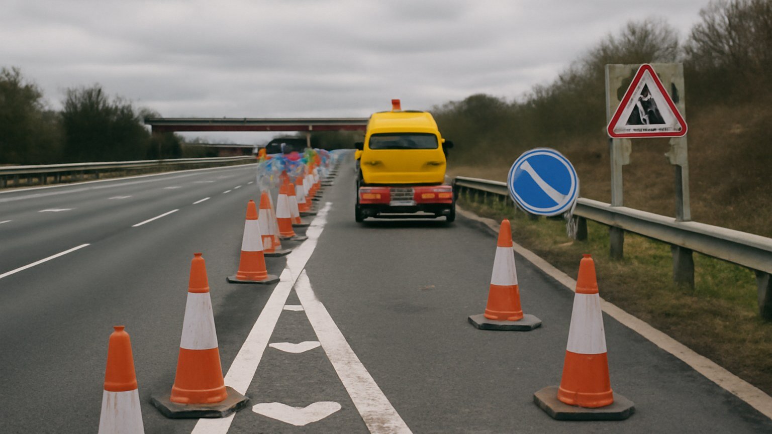 A motorway maintenance scene with cones, a works vehicle and roadside barriers under a grey sky