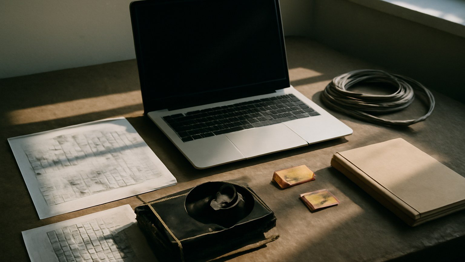 A policy briefing desk with laptop, printed model architecture diagrams and an unplugged graphics card