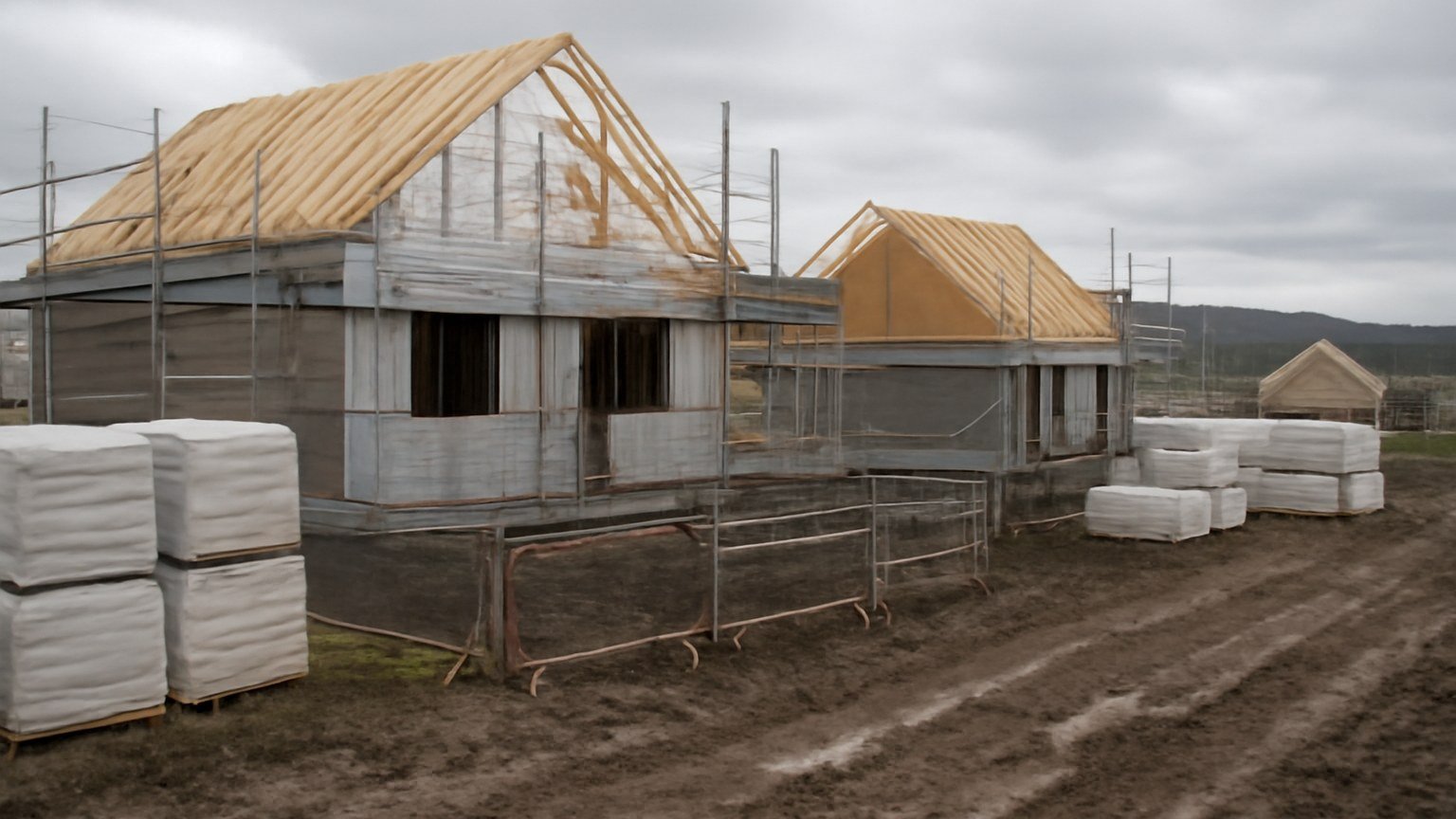 A partly built Scottish housing site with insulated wall panels, timber framing and wrapped materials
