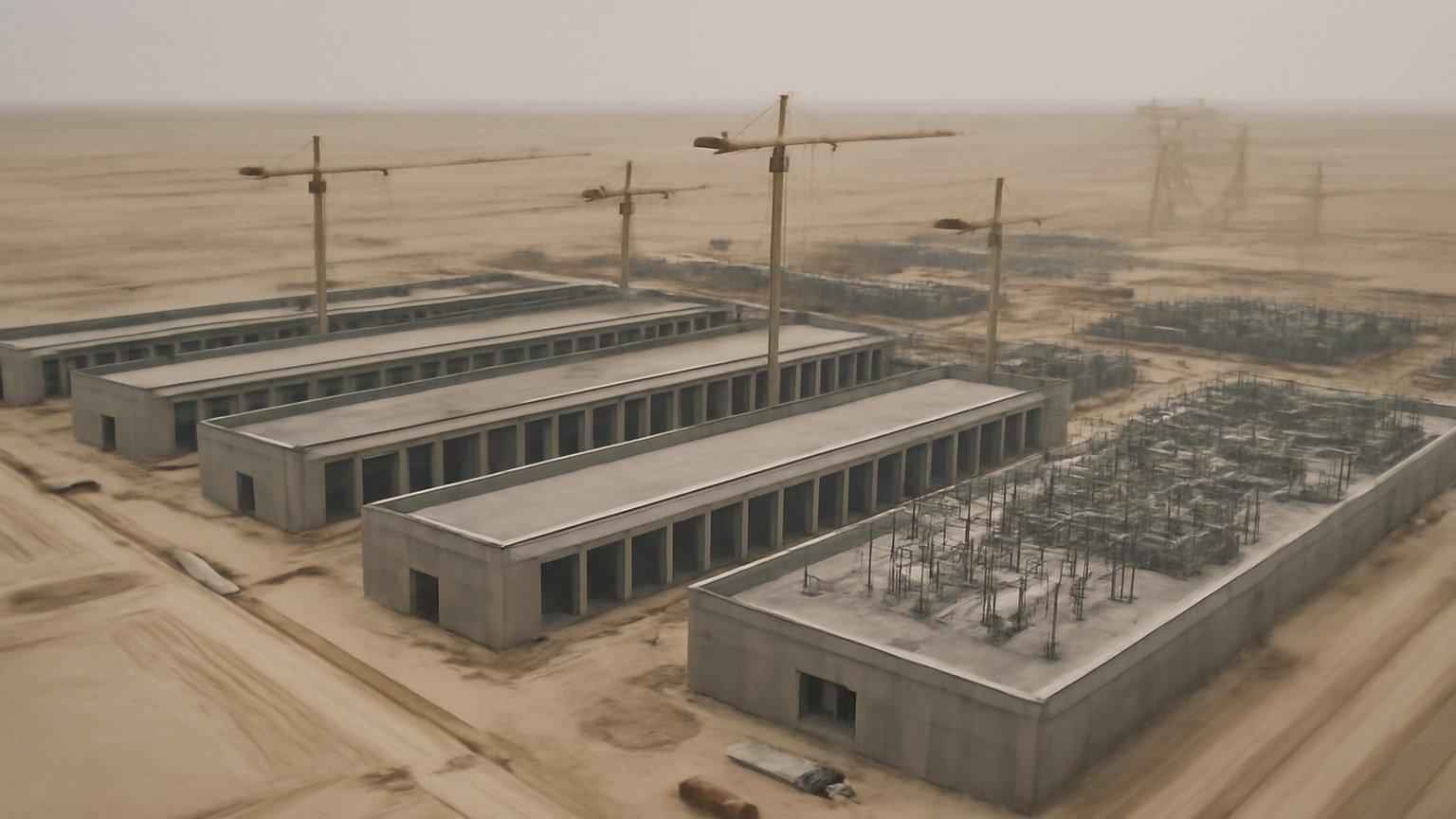 A large desert data centre construction site with cranes and power infrastructure