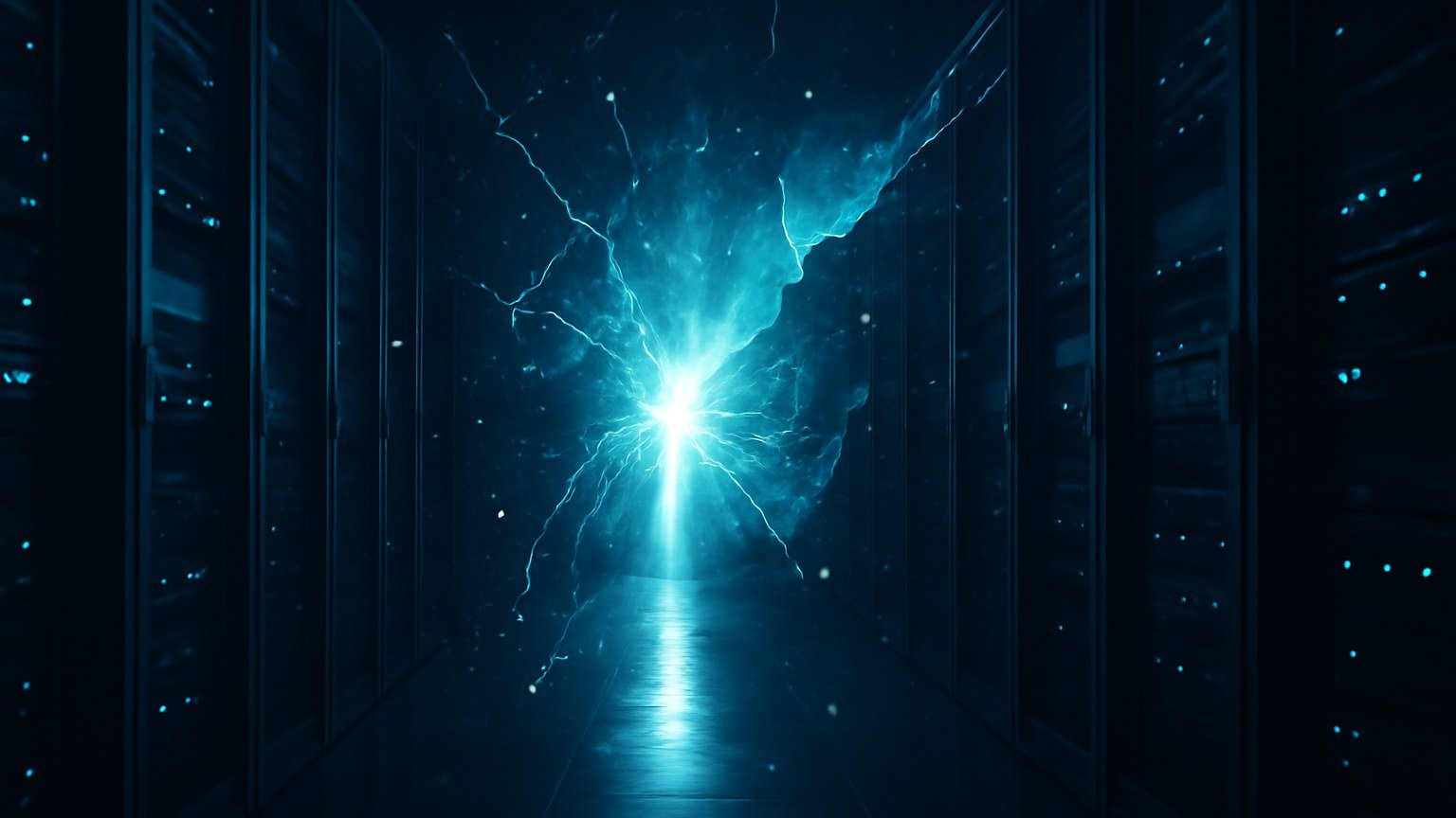 A blue-white energy breach erupting in a dark data centre corridor