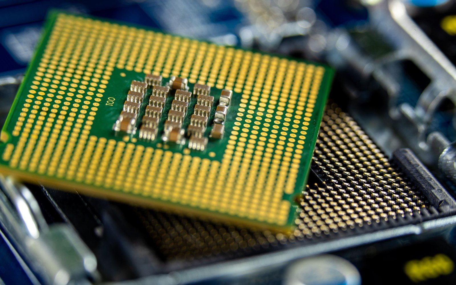 A processor lying face down on an open motherboard socket, its gold contact pads and the socket pins both in view