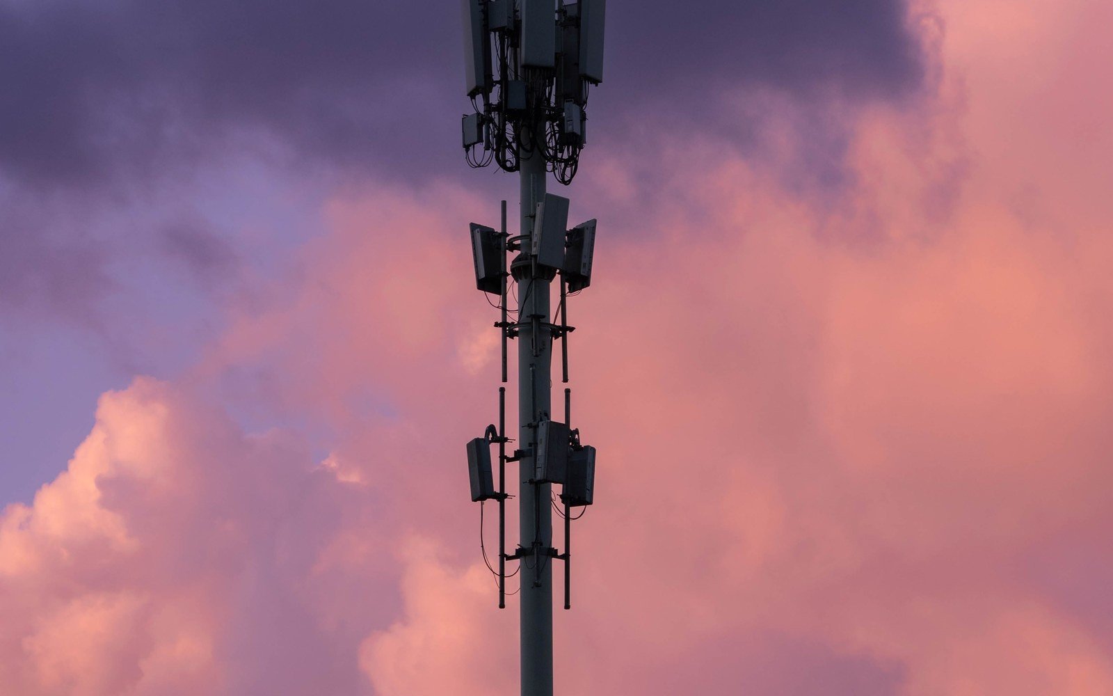 A slender cellular mast carrying three tiers of panel antennas in silhouette against banked cloud lit pink and purple at dusk