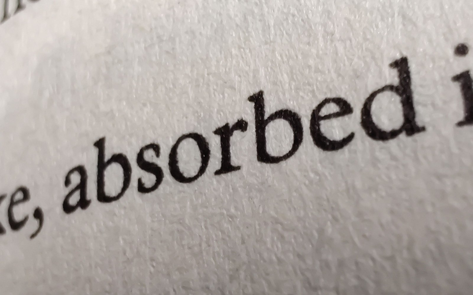 Close-up of black printed text on a textured paper page, with one word in sharp focus