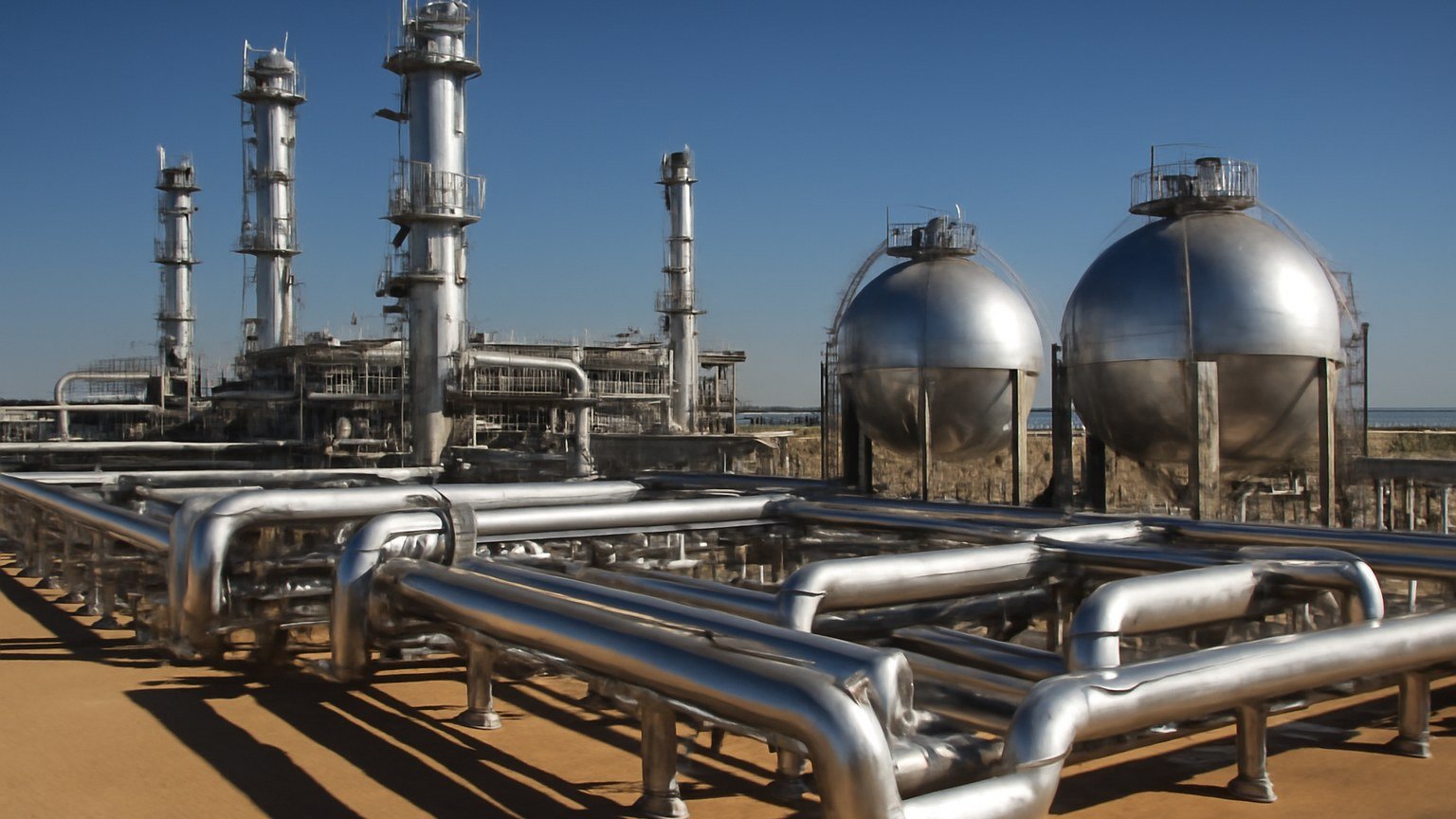 Gas processing plant with pipework and towers at dusk