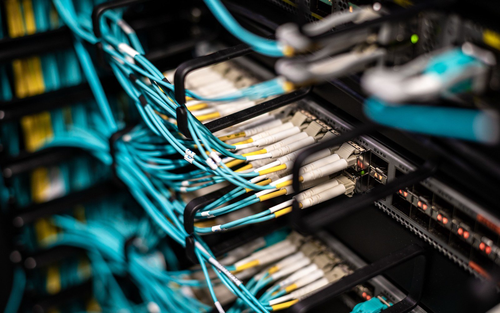 Dense bundles of teal network cables terminated into a patch panel in a data centre, photographed close up with the far end of the rack out of focus