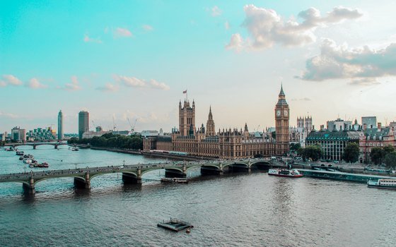 An aerial view of the River Thames, Westminster Bridge and the Palace of Westminster