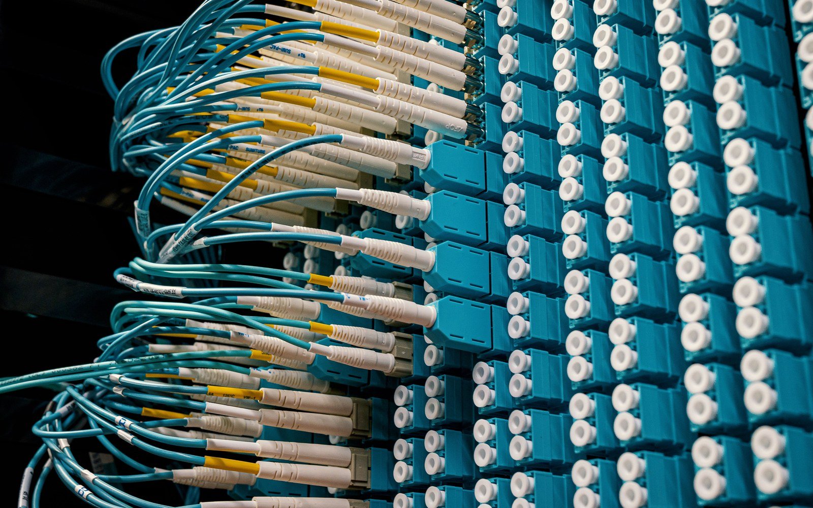 A dense wall of pale blue fibre optic connectors seen at an angle, several white patch leads plugged into the left hand column and rows of empty ports with white ferrules running away to the right