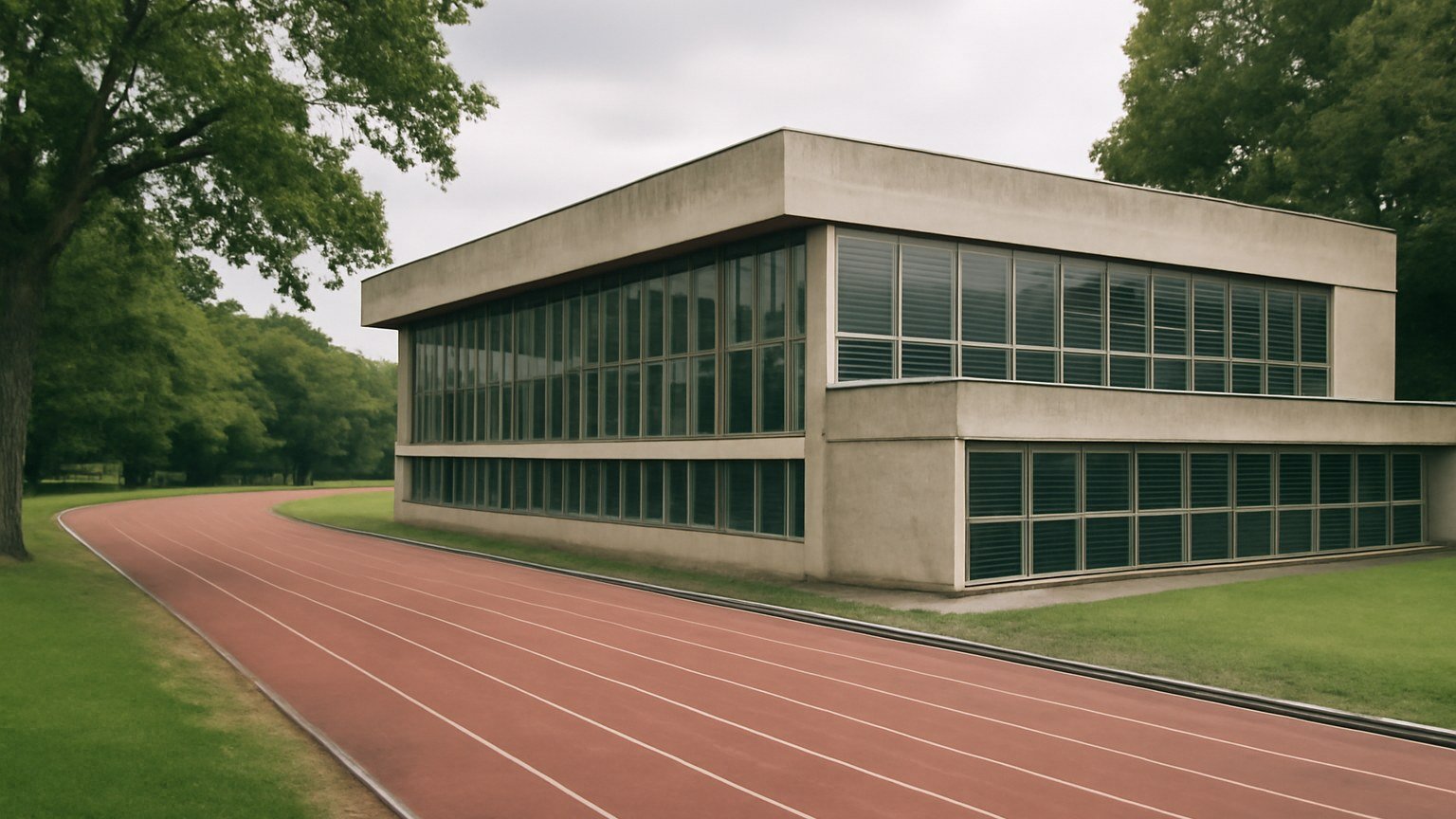 Athletics track and stadium seating at a British sports centre