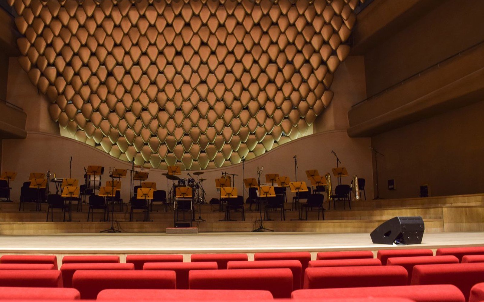 Interior of an empty concert hall, rows of red seats in the foreground below a bare timber stage carrying orchestral chairs and music stands, with a deeply moulded honeycomb acoustic ceiling above