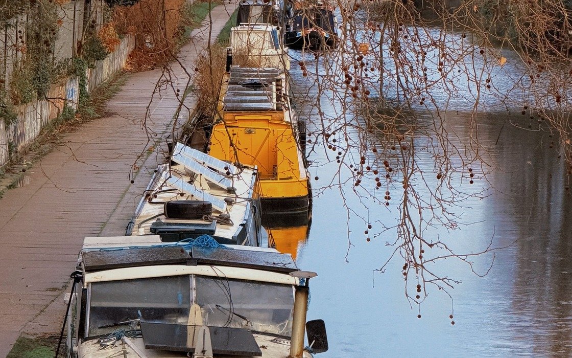 Narrowboats moored along a London canal beside a made up towpath, with bare winter branches overhanging the water
