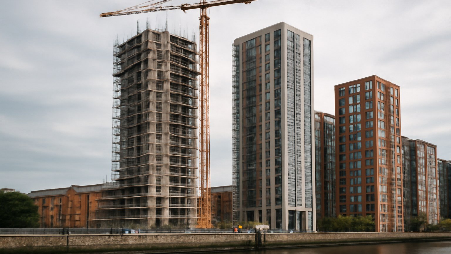 High-rise residential buildings under construction on a British city waterfront