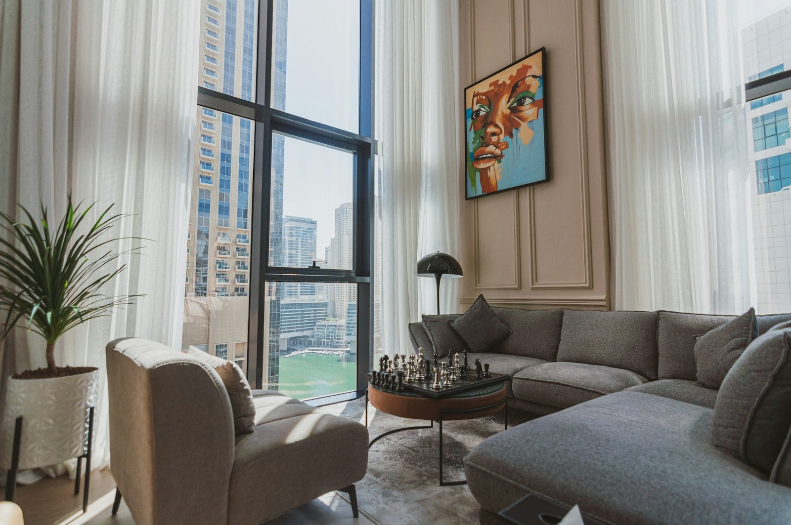 Modern Dubai apartment living room with a city view