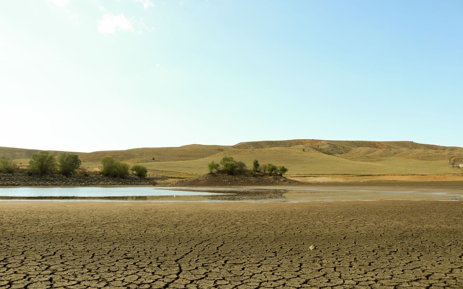 Cracked dry ground around a shrunken pool of water under a clear sky