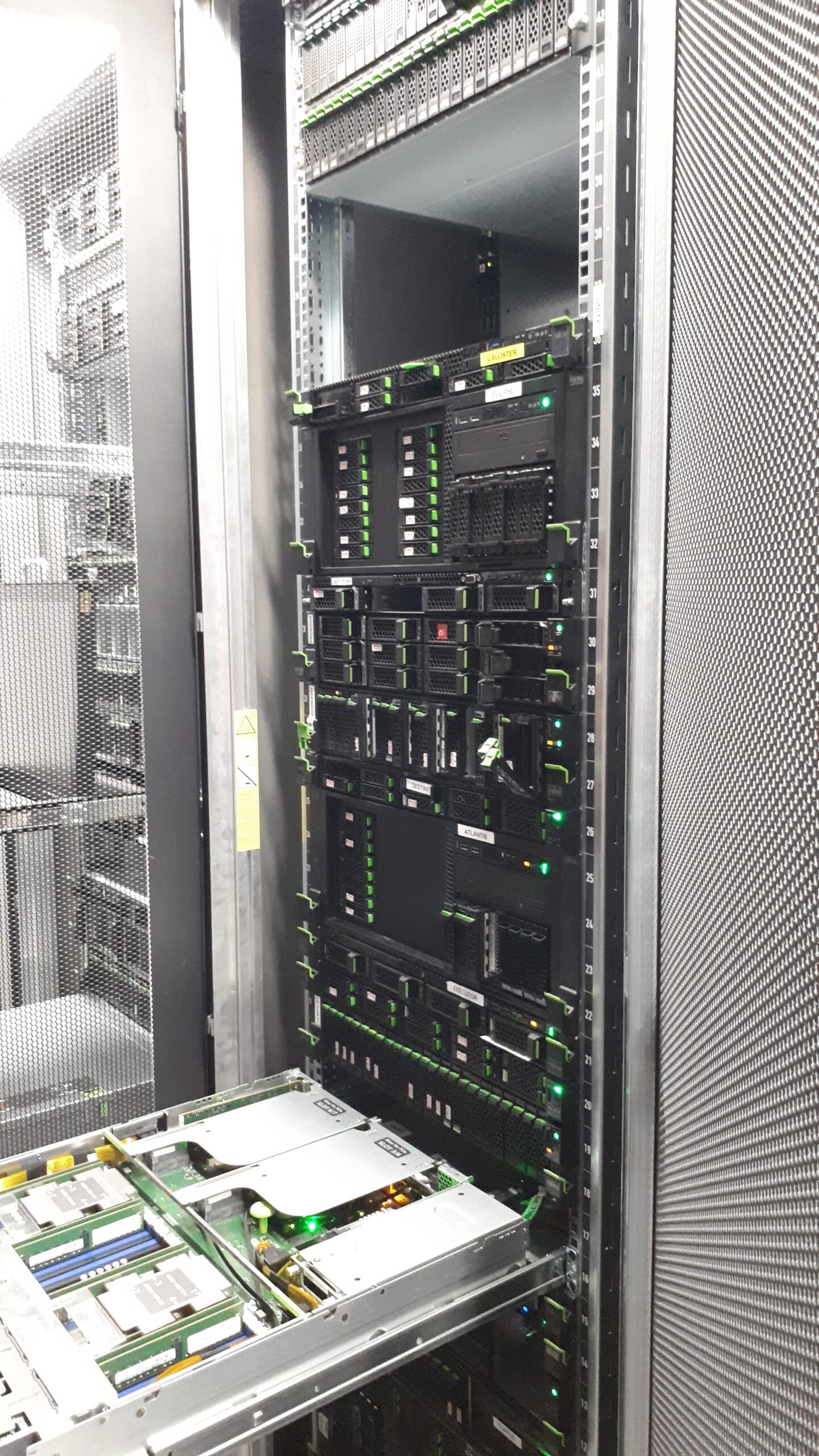 A close view of server hardware inside a data-centre rack