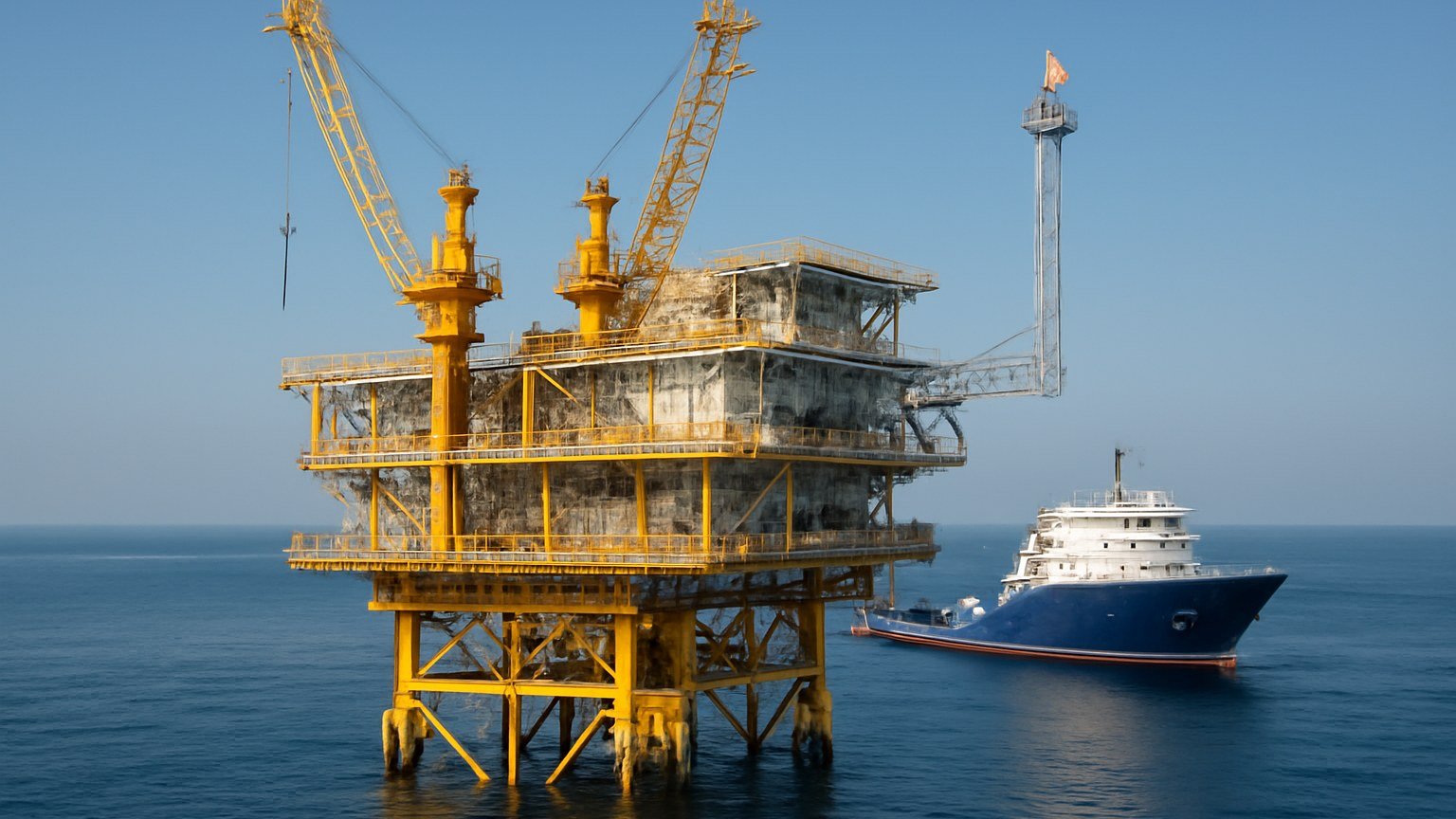 Offshore oil and gas platform with support vessel in Gulf waters