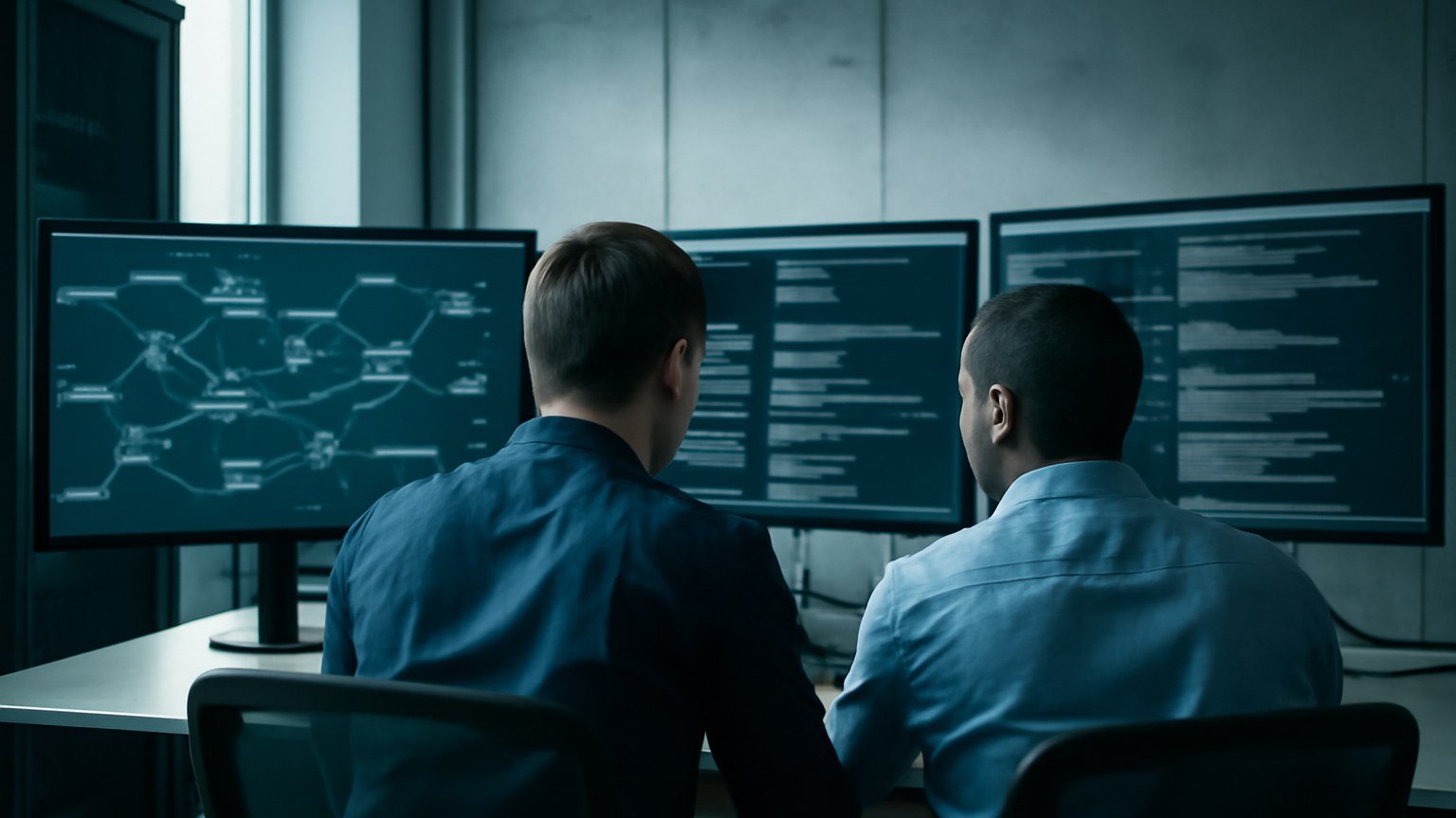 A secured computer testing laboratory with network activity shown on monitors