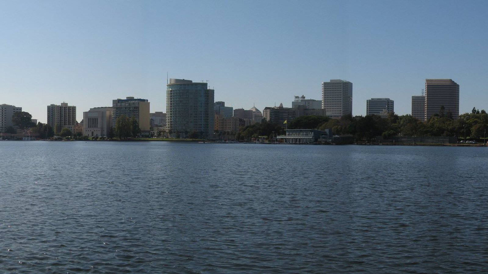 The Oakland skyline seen across Lake Merritt
