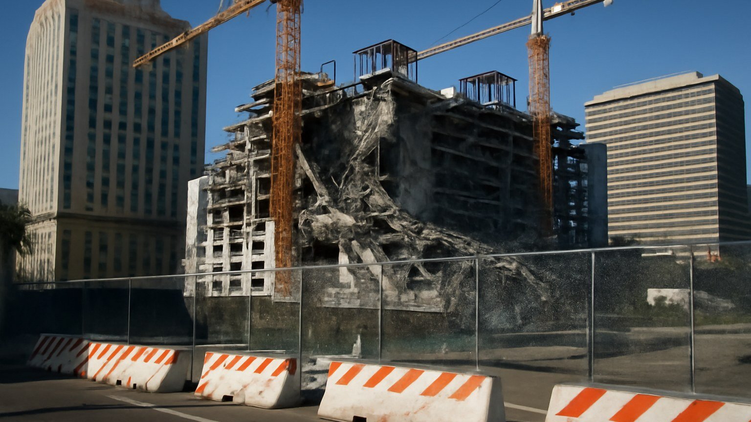 Emergency crews beside the partly collapsed hotel construction site on Canal Street in New Orleans