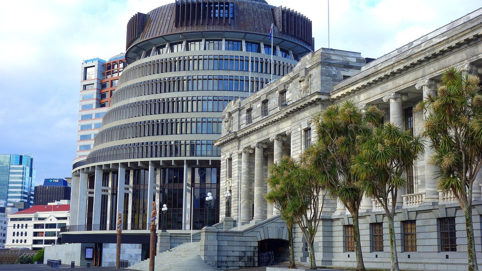The Beehive and Parliament House in Wellington, New Zealand