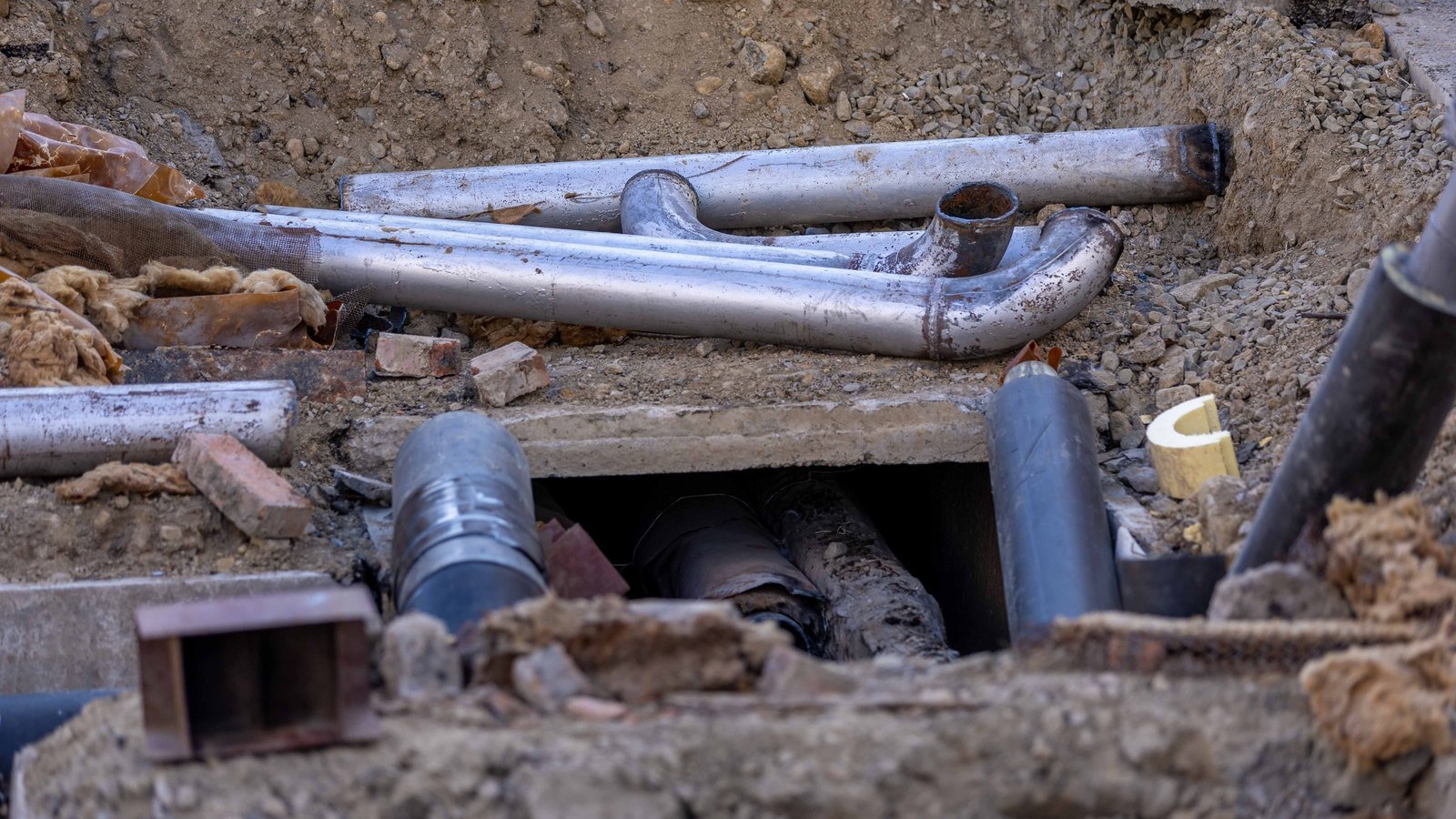 An open excavation in a street showing metal and plastic pipes laid across a broken concrete chamber