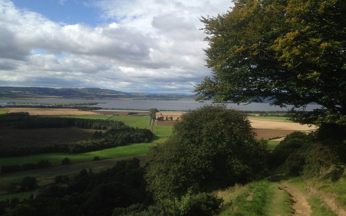 Farmland and woodland falling away towards the water on a bright day at Kinross