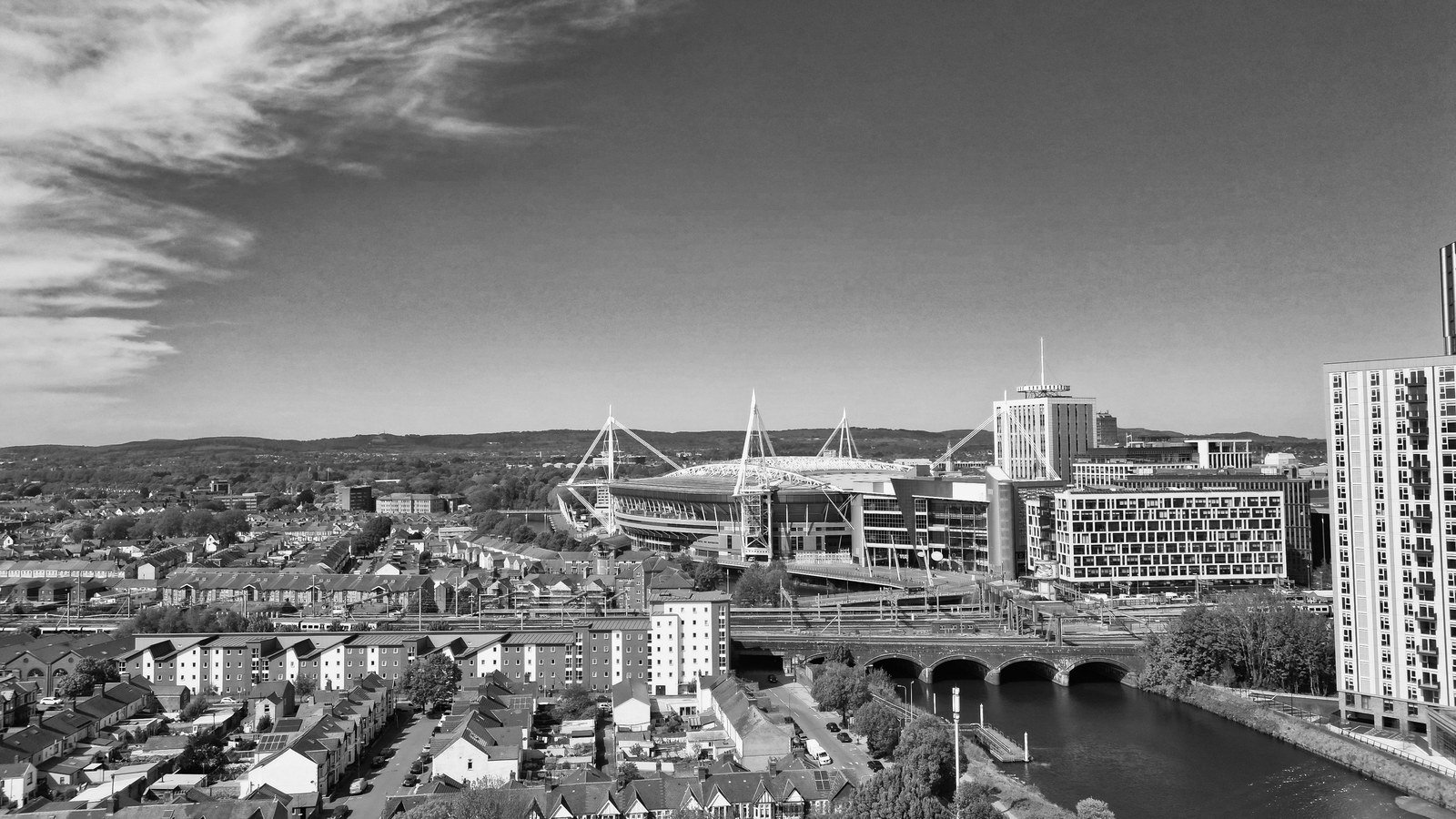 Rooftops, the river and the city centre skyline at Cardiff