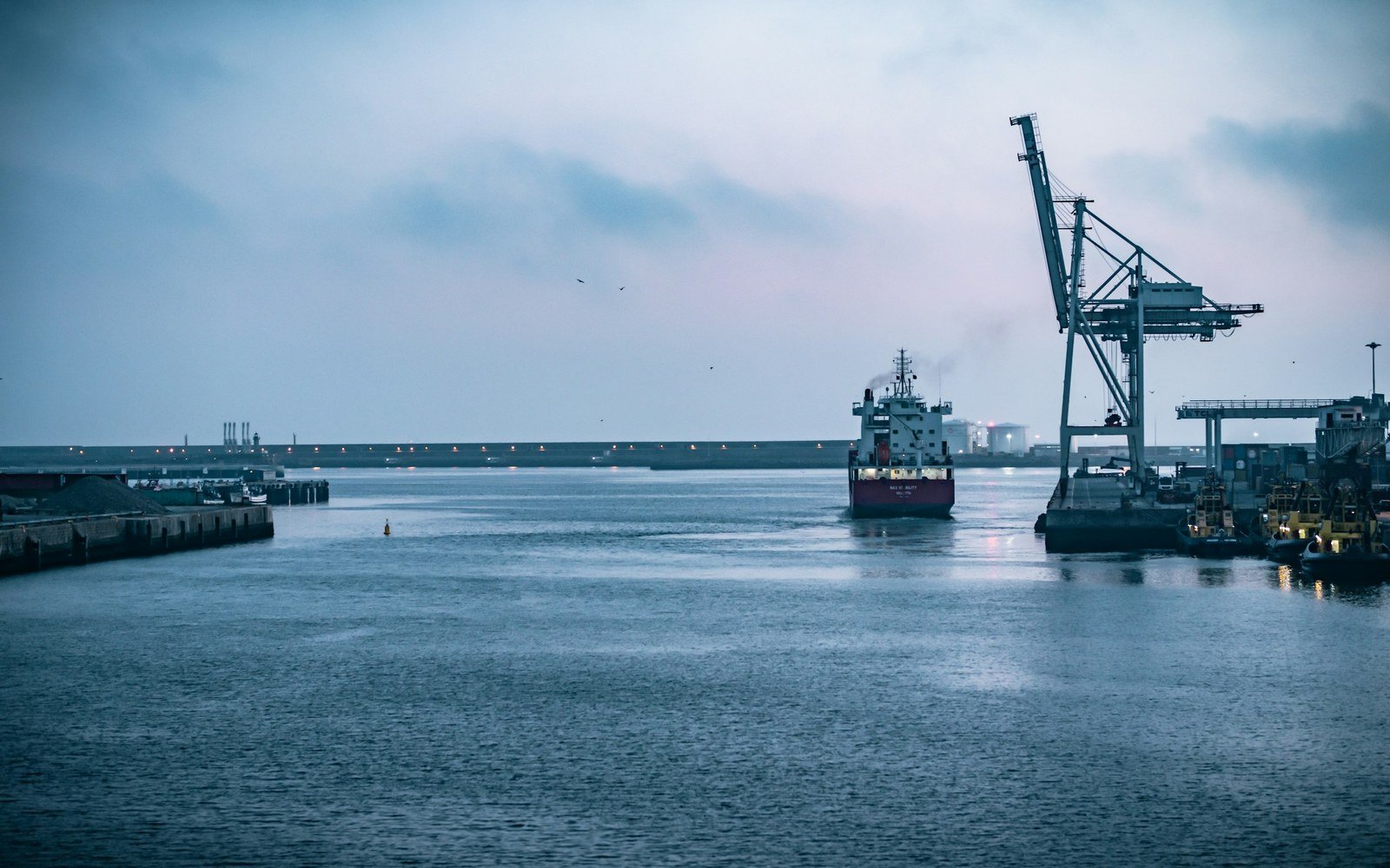A cargo vessel under way in calm water beside a long breakwater at dawn, with a quay crane and a berth structure on the right and low cloud over the far shore