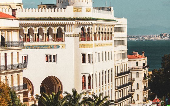 White Moorish-style architecture above the Mediterranean coast in Algiers