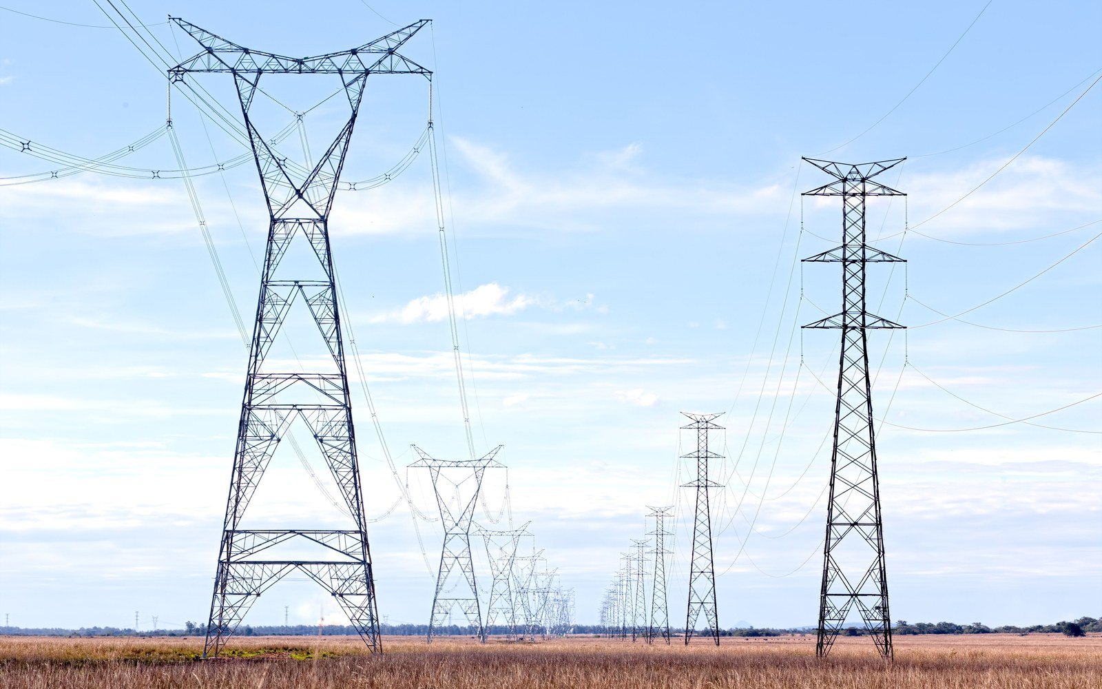 Rows of steel electricity pylons carrying transmission lines across an open field