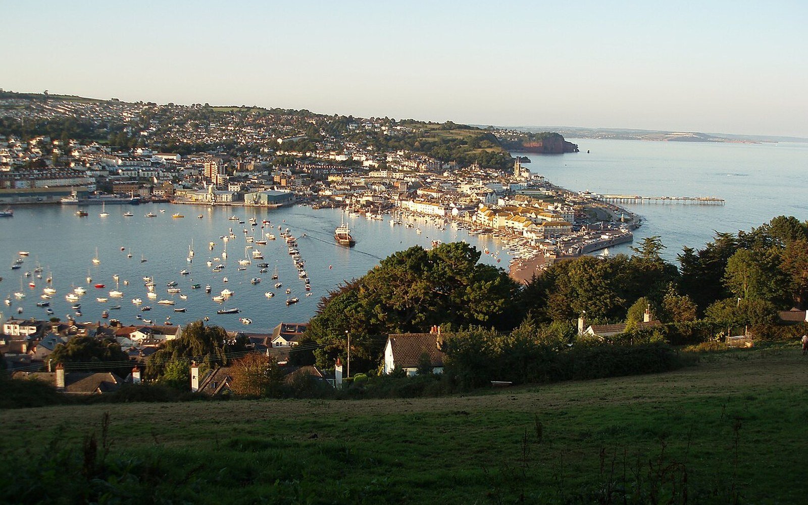 An elevated view over a tidal estuary with moored small craft, a seaside town along the far shore and open sea beyond