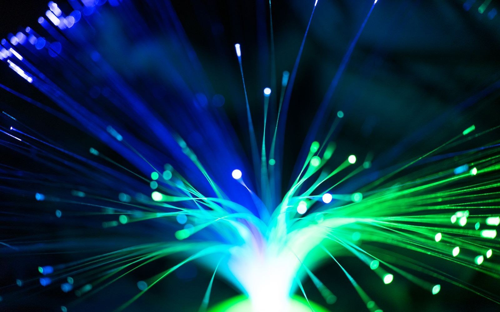 A close view of illuminated optical fibre strands fanning outwards, their tips glowing blue and green against a dark background