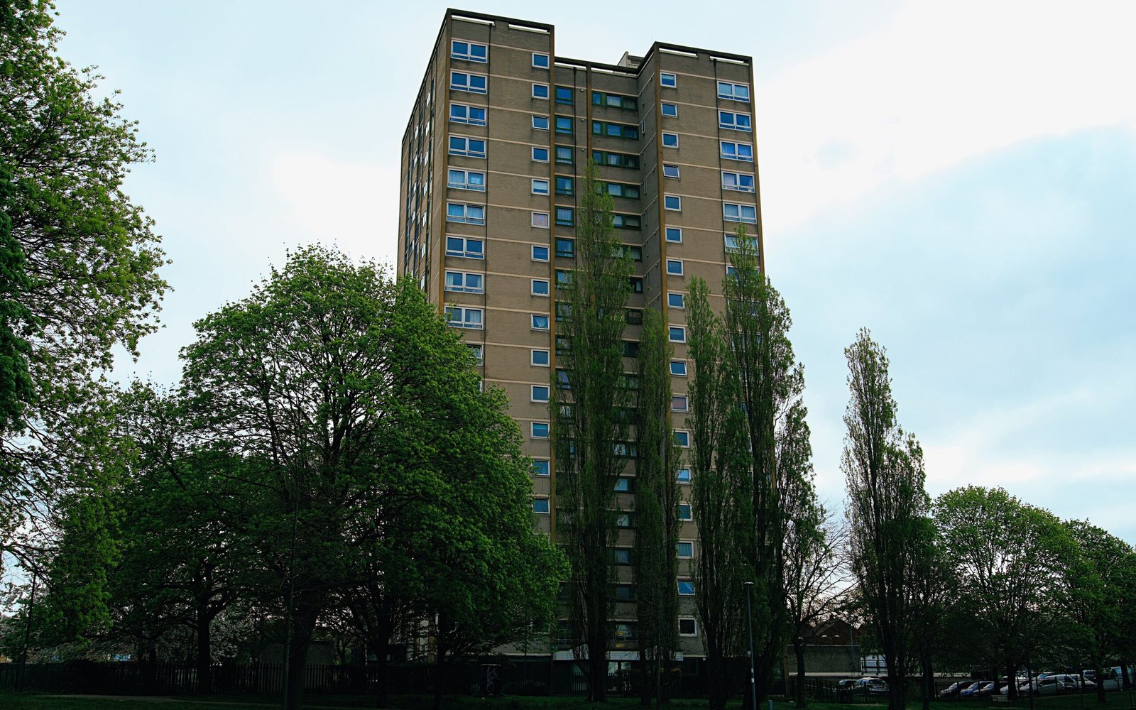 A tall residential tower block of about twenty storeys seen above mature trees on a green open space under a pale sky