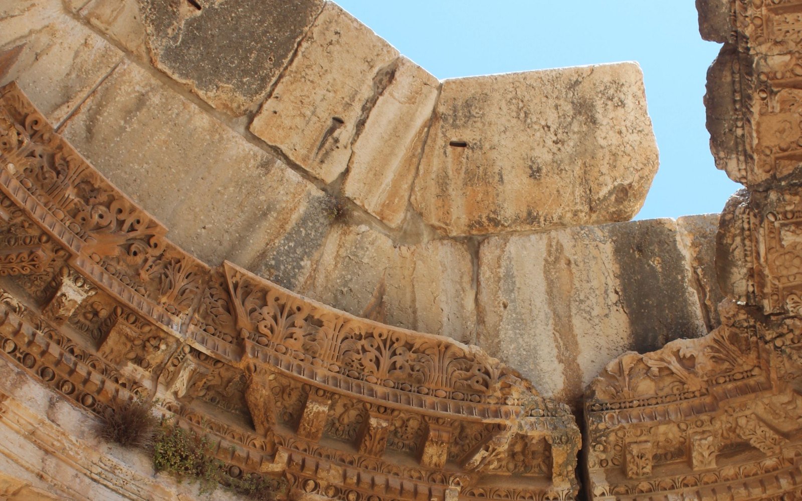 Carved stonework on the ruined temple at Baalbek in the Beqaa Valley