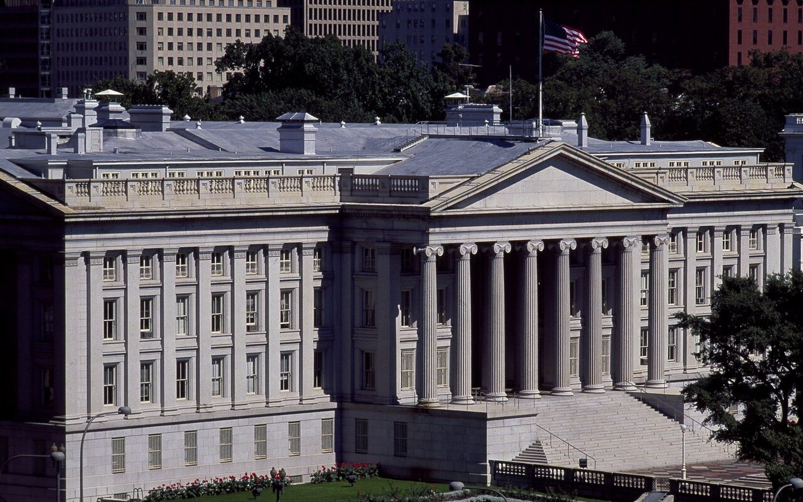 The United States Treasury building in Washington seen from the air