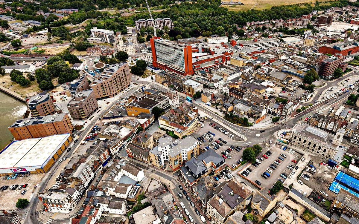 An English town centre seen from the air