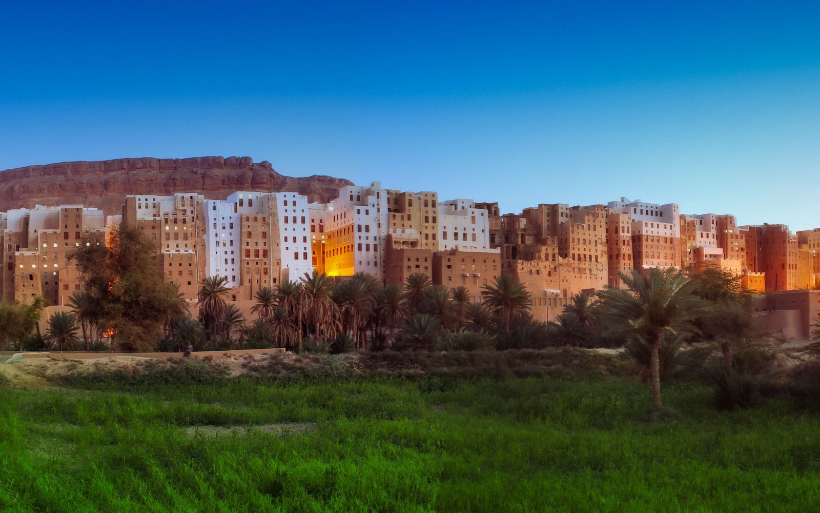 The mud brick tower houses of Shibam at dusk