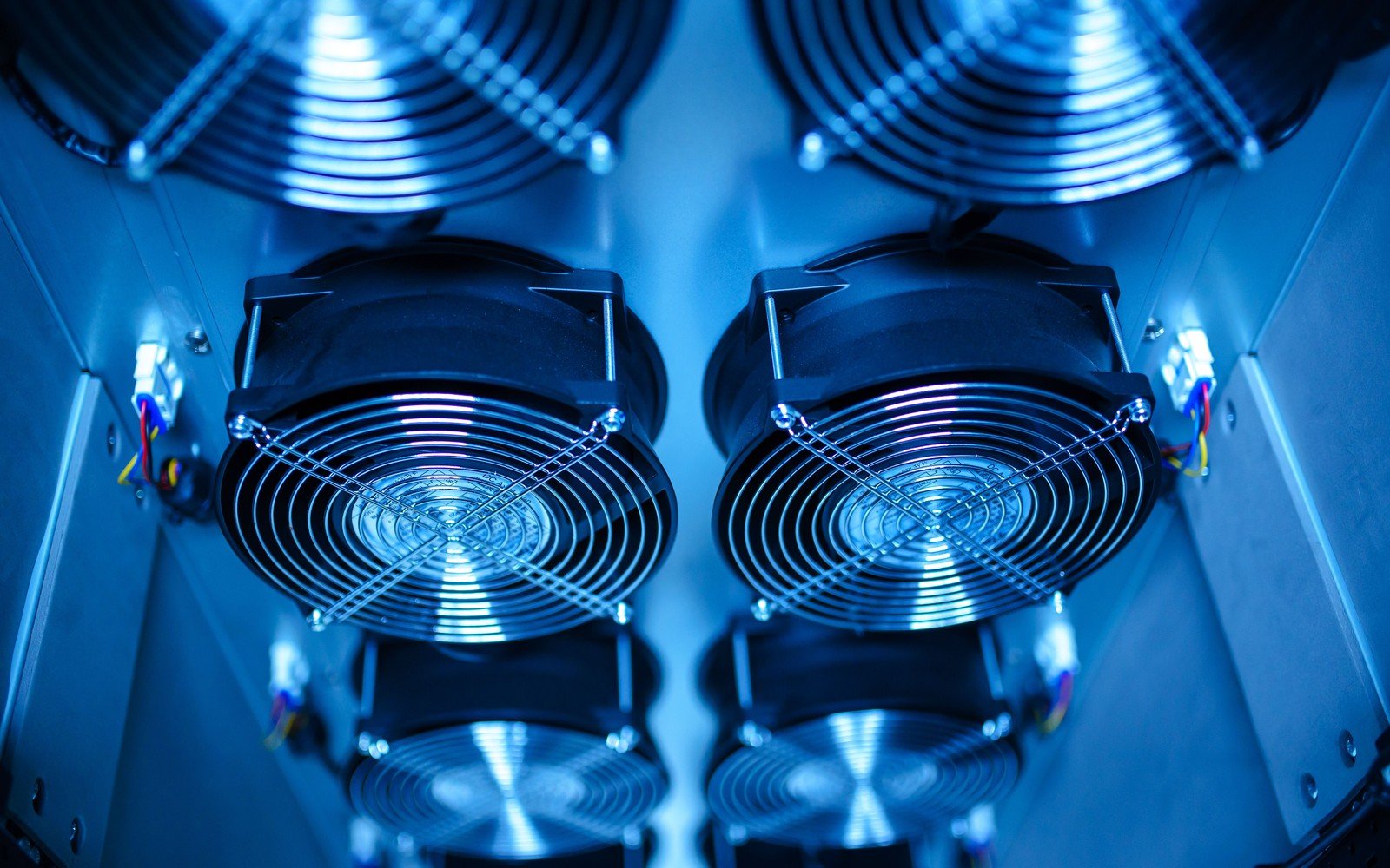 A close view of two rows of large cooling fans in a metal enclosure, wire finger guards over the blades and small indicator lights on the frame, everything lit blue