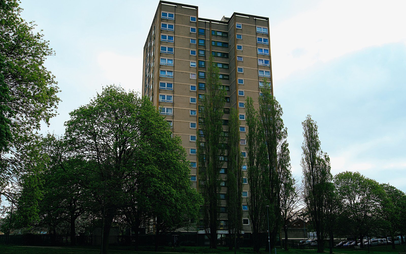 A tall residential block of flats with regular rows of windows and blue panels, seen above mature trees against a pale sky