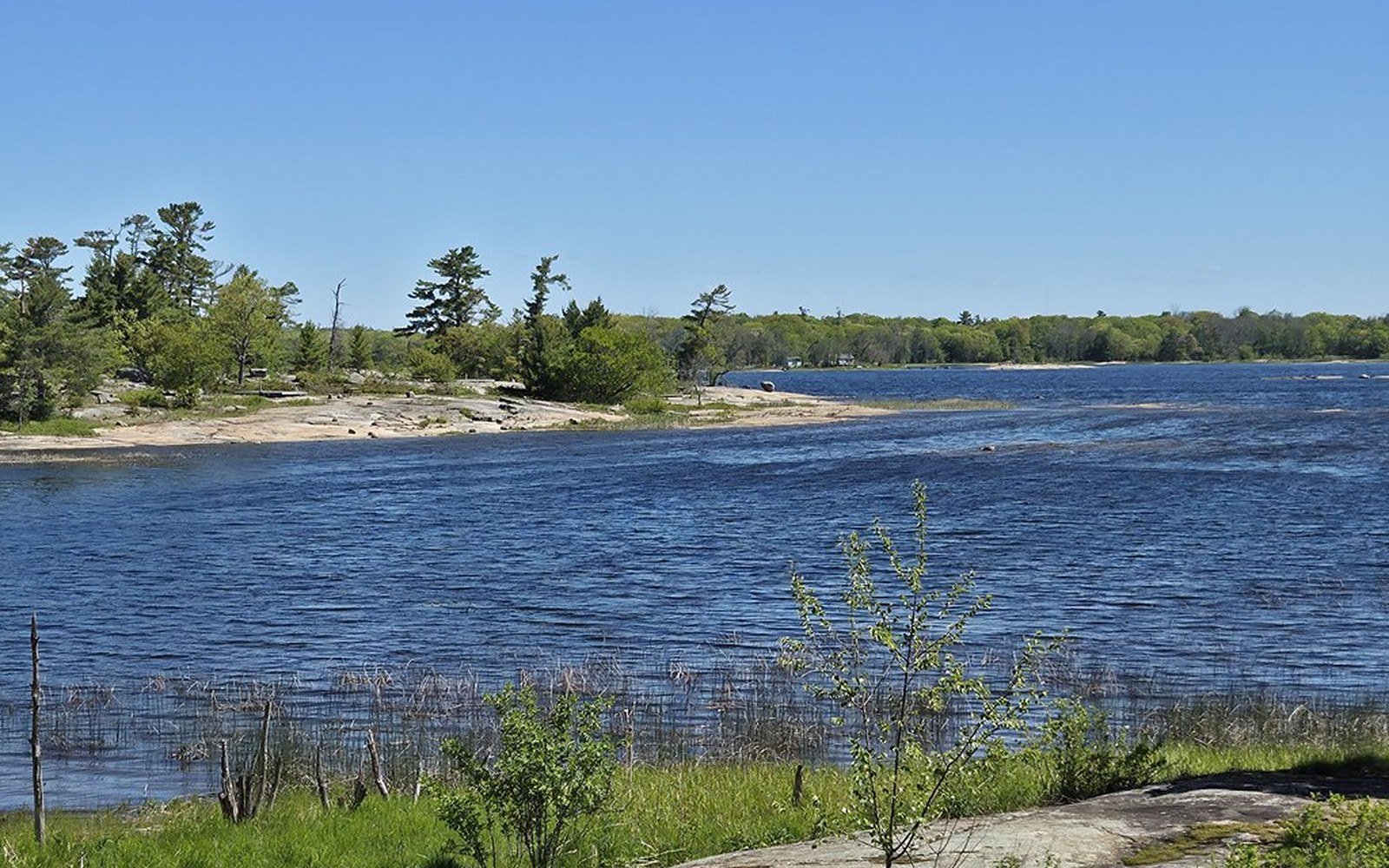 Blue open water and rocky wooded islands at Georgian Bay Islands National Park under a clear sky
