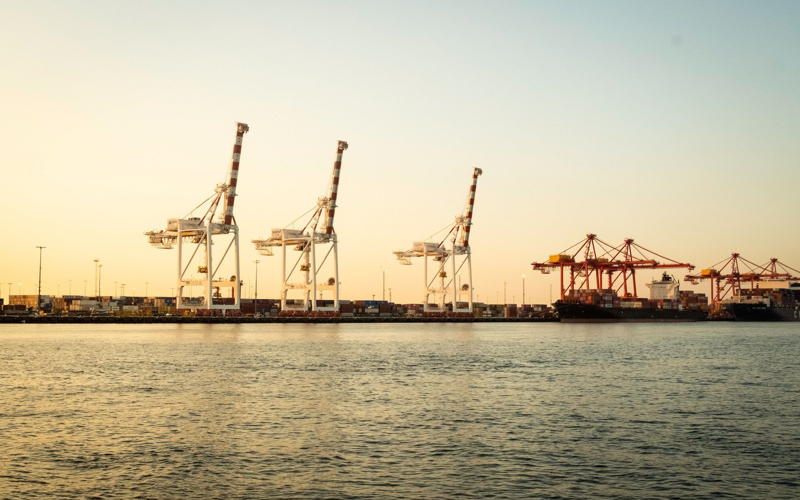 Three ship to shore container cranes standing in a row above a harbour, seen across still water against a pale gold sky at sunset
