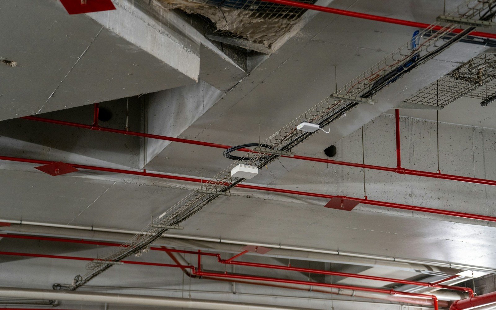 Red fire protection pipework and grey cable trays fixed beneath exposed concrete beams in an unfinished building