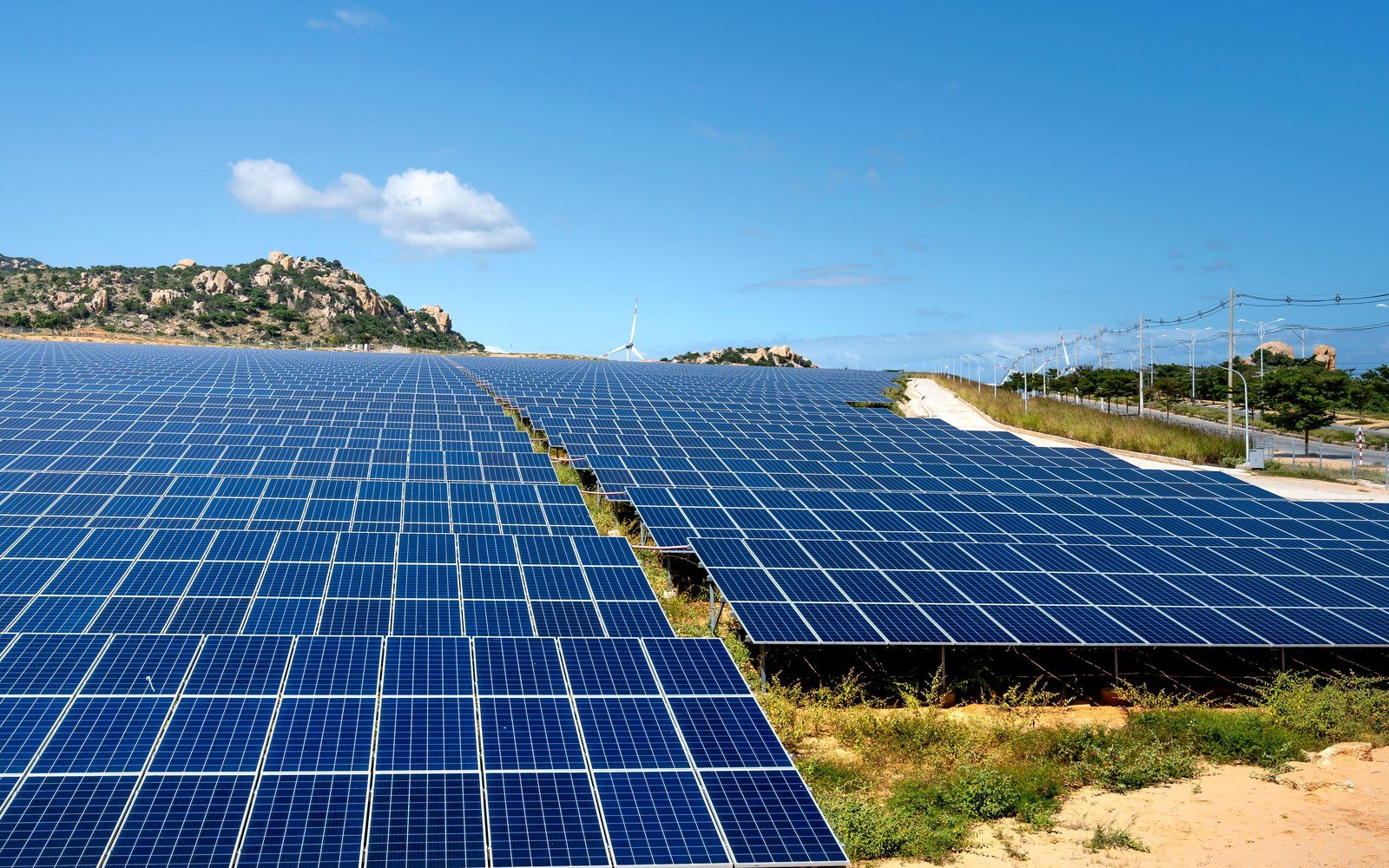 Rows of ground mounted photovoltaic panels on a gentle slope, running away towards a line of transmission poles and a single wind turbine on the ridge beyond, under a clear sky