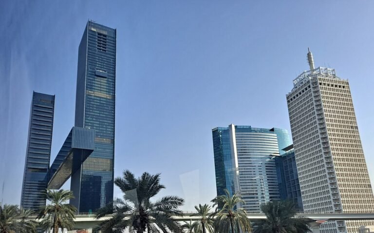 Office towers beside Sheikh Zayed Road in Dubai under a clear sky, with palm trees and an elevated rail line in front