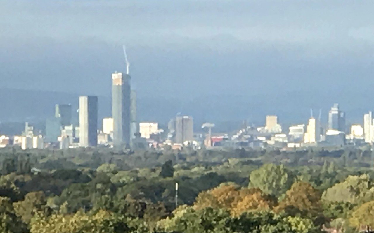 The Manchester skyline of towers and cranes seen across a wide belt of trees under a grey sky